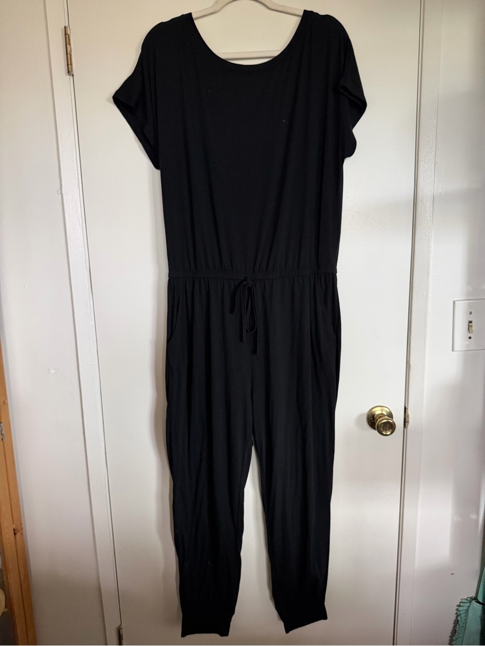 Women's Black Short-Sleeve Drawstring Jumpsuit